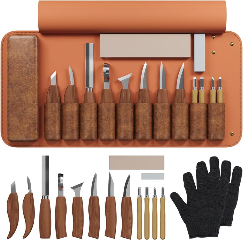 RexTact Store Wood Carving Kit Deluxe Hand Carving Tool Set, 16 Wood Whittling Kit High-Carbon Steel, Wood Art Tools 8 Whittling Knives & 4 Detail Carving Knives for Beginner &Professional Christmas Gift - Image 1